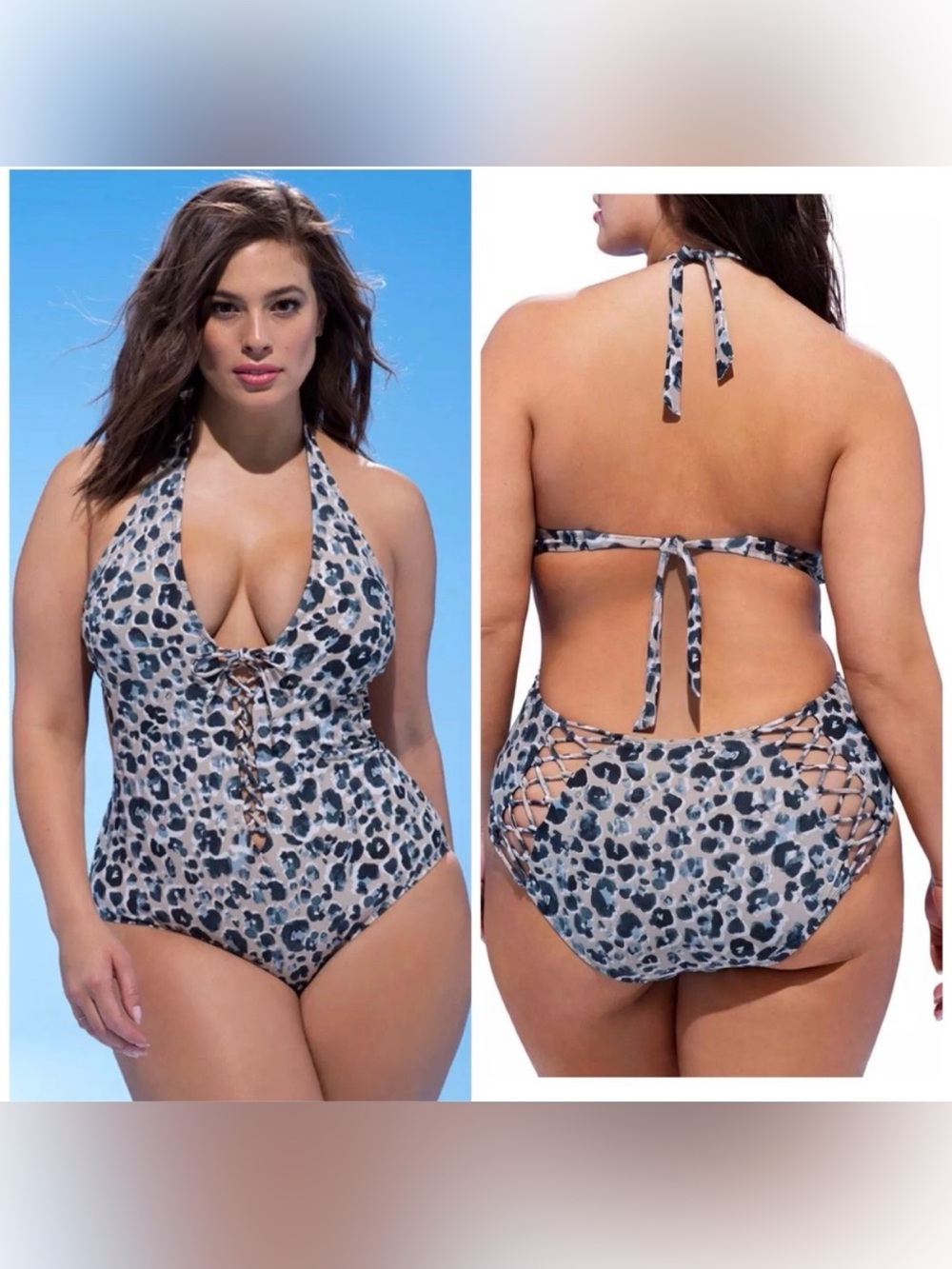 Ashley Graham Leopard Print Lace-Up Halter One-Piece Swimsuit Gray/Black Size 6